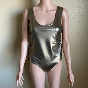 Jella C Gold Metallic One Piece Bathing Suit Bodysuit Side Corset Size Large